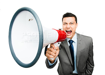 Buy stock photo Megaphone, portrait and shouting with business man in studio isolated on white background for rally. Loudspeaker, politics and protest with corporate professional in suit at march for employee rights