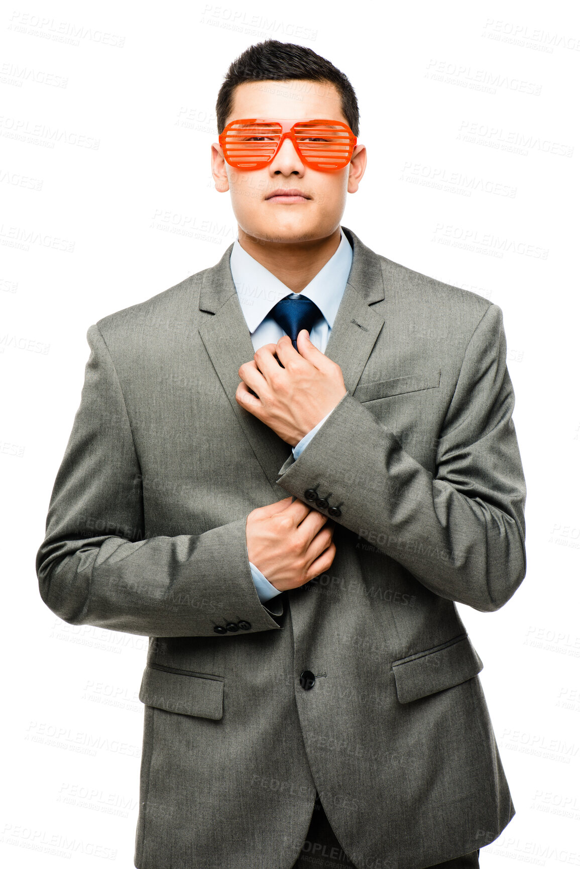 Buy stock photo Studio, sunglasses and businessman in suit, fix tie and entrepreneur with pride and portrait with hand. White background, confidence and person with eyewear, fashion and employee serious with gesture