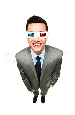 Buy stock photo Glasses, above and businessman with smile, studio and mockup space, suit and happy with projector. White background, excited and person with anaglyph 3d eyewear, film and show to watch and employee