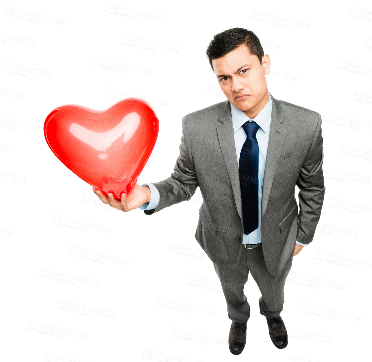 Buy stock photo Heart, balloon and portrait of businessman in studio for corporate affair, lonely and emotional. Sad, high angle and person with shape of emoji for breakup, heartbreak and problem on white background