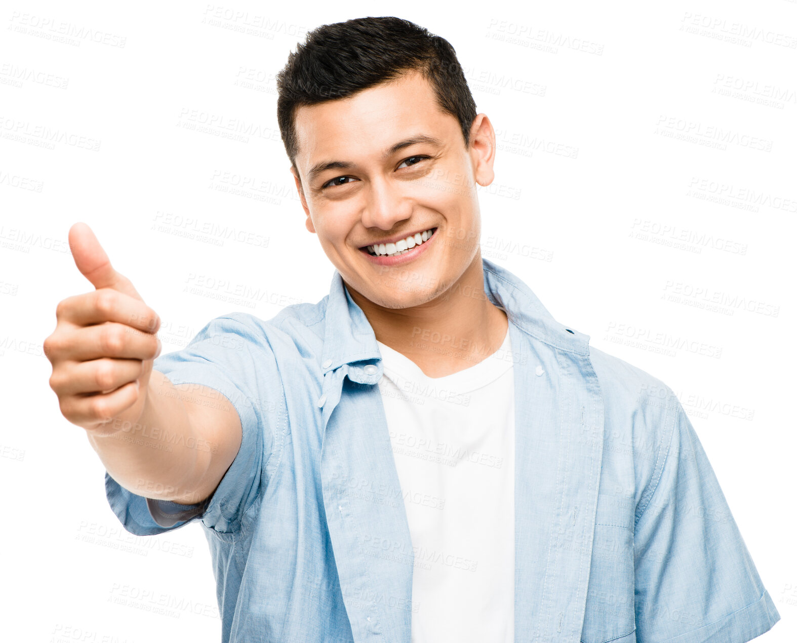 Buy stock photo Man, portrait and thumbs up for approval in studio, vote and feedback or review on white background. Male person, thank you gesture and satisfaction for agreement, motivation and promotion for emoji