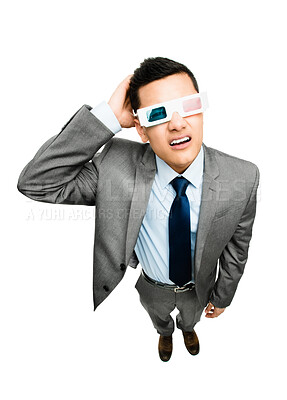 Buy stock photo Studio, hand and businessman with 3d glasses, suit and announcement for promotion and confused. White background, advertising and person with eyewear, fashion and question in mockup space and above