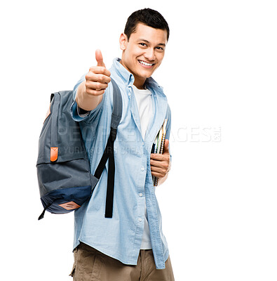 Buy stock photo Man, student and thumbs up in studio portrait for education, learning and support on white background. Person, emoji and promotion for study at college, yes and thank you for scholarship opportunity