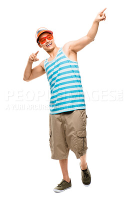 Buy stock photo Studio, smile and Asian man with sunglasses, pointing and ready for vacation in summer, fashion and relax. White background, mockup space and person with happiness, hands or excited for trip in Tokyo