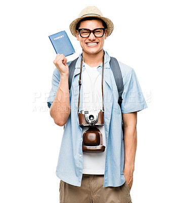 Buy stock photo Portrait, tourist and excited man with passport in studio isolated on white background mockup. Glasses, travel document and happy male person from Italy in summer hat for holiday, vacation or journey