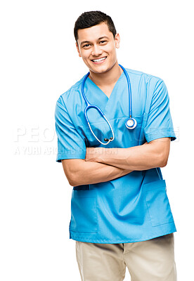 Buy stock photo Portrait, nurse and happy man with arms crossed in studio isolated on white background mockup. Confidence, medical professional and Asian surgeon, doctor or physician from Japan ready for healthcare.