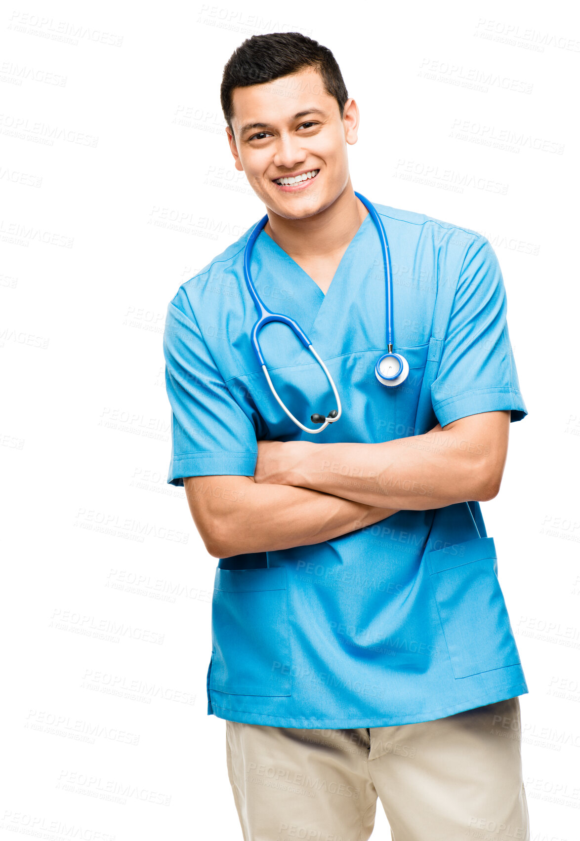 Buy stock photo Portrait, nurse and happy man with arms crossed in studio isolated on white background mockup. Confidence, medical professional and Asian surgeon, doctor or physician from Japan ready for healthcare.