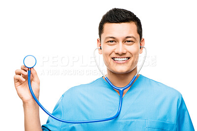 Buy stock photo Stethoscope, man and portrait of a doctor in a studio for a medical consultation with confidence. Happy, smile and professional young male healthcare worker or nurse isolated by a white background.