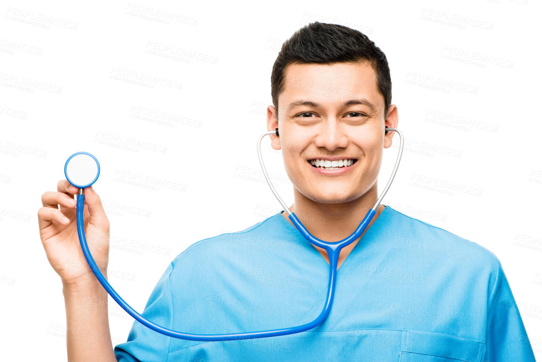 Buy stock photo Stethoscope, man and portrait of a doctor in a studio for a medical consultation with confidence. Happy, smile and professional young male healthcare worker or nurse isolated by a white background.