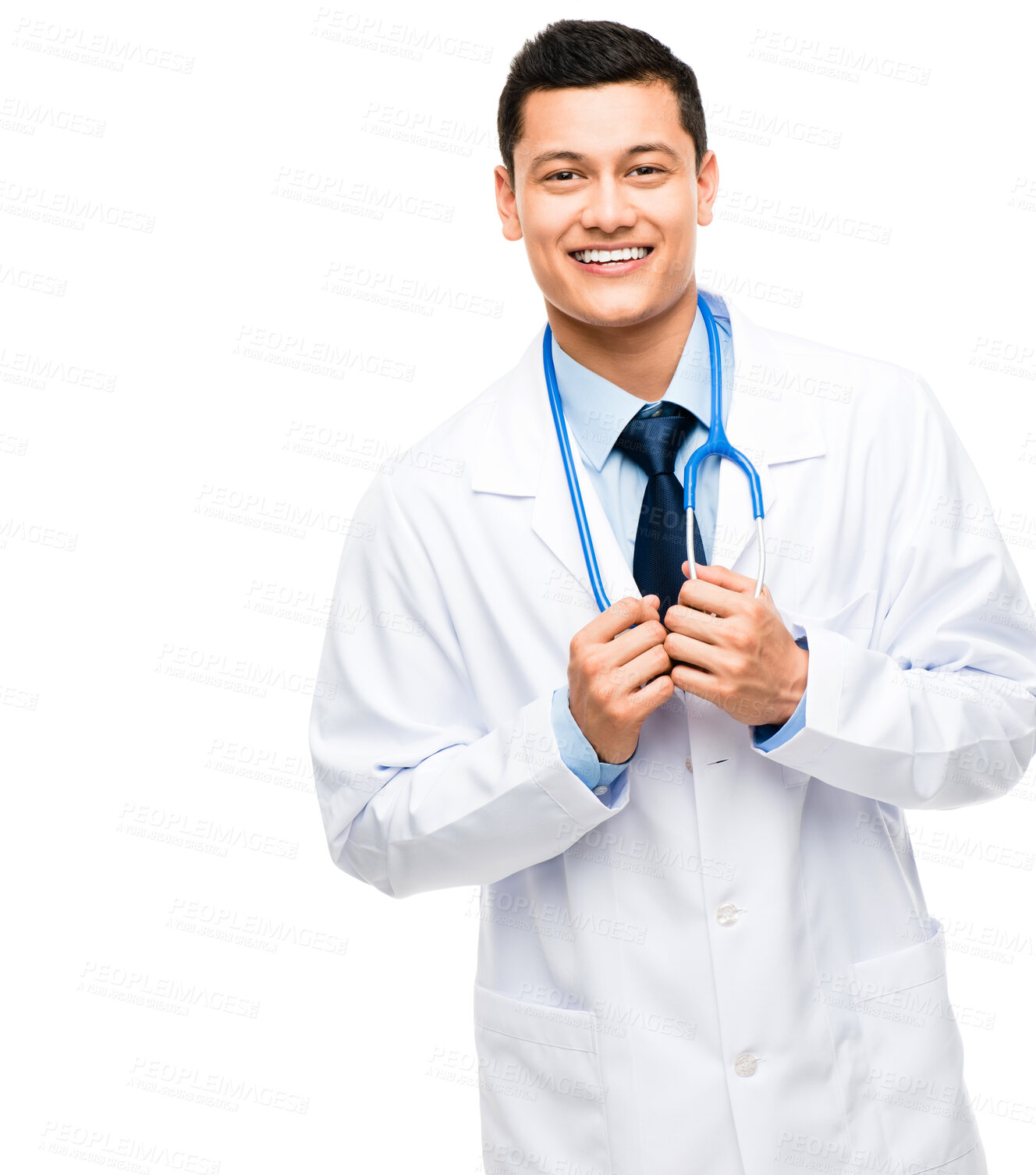 Buy stock photo Doctor, portrait and man with stethoscope in studio for healthcare, evaluation or diagnosis on white background. Health, lungs and physician for treatment, pulmonary disease or medical support