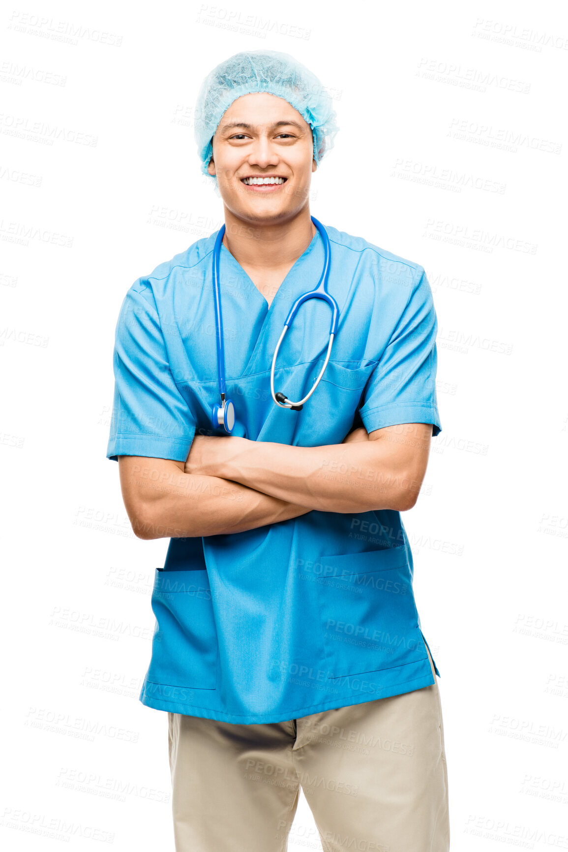 Buy stock photo Nurse, portrait and happy man with arms crossed in studio isolated on a white background. Confidence, medical professional and Asian surgeon, doctor and physician from Japan ready for healthcare.