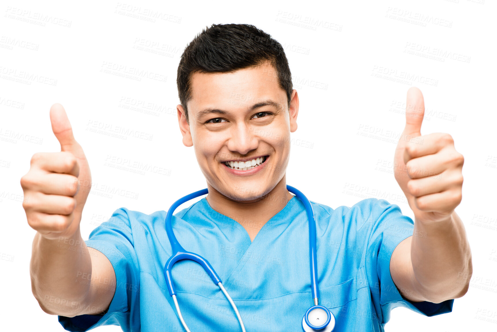 Buy stock photo Thumbs up, pride and portrait of a male doctor in a studio for a medical consultation with confidence. Happy, smile and professional young man nurse with an approval hand gesture by white background.