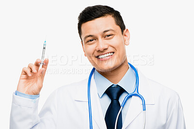 Buy stock photo Doctor, portrait and man with syringe in studio for healthcare, medicine or vaccine on white background. Health, injection and male physician with needle for treatment, pharmaceutical care or cure