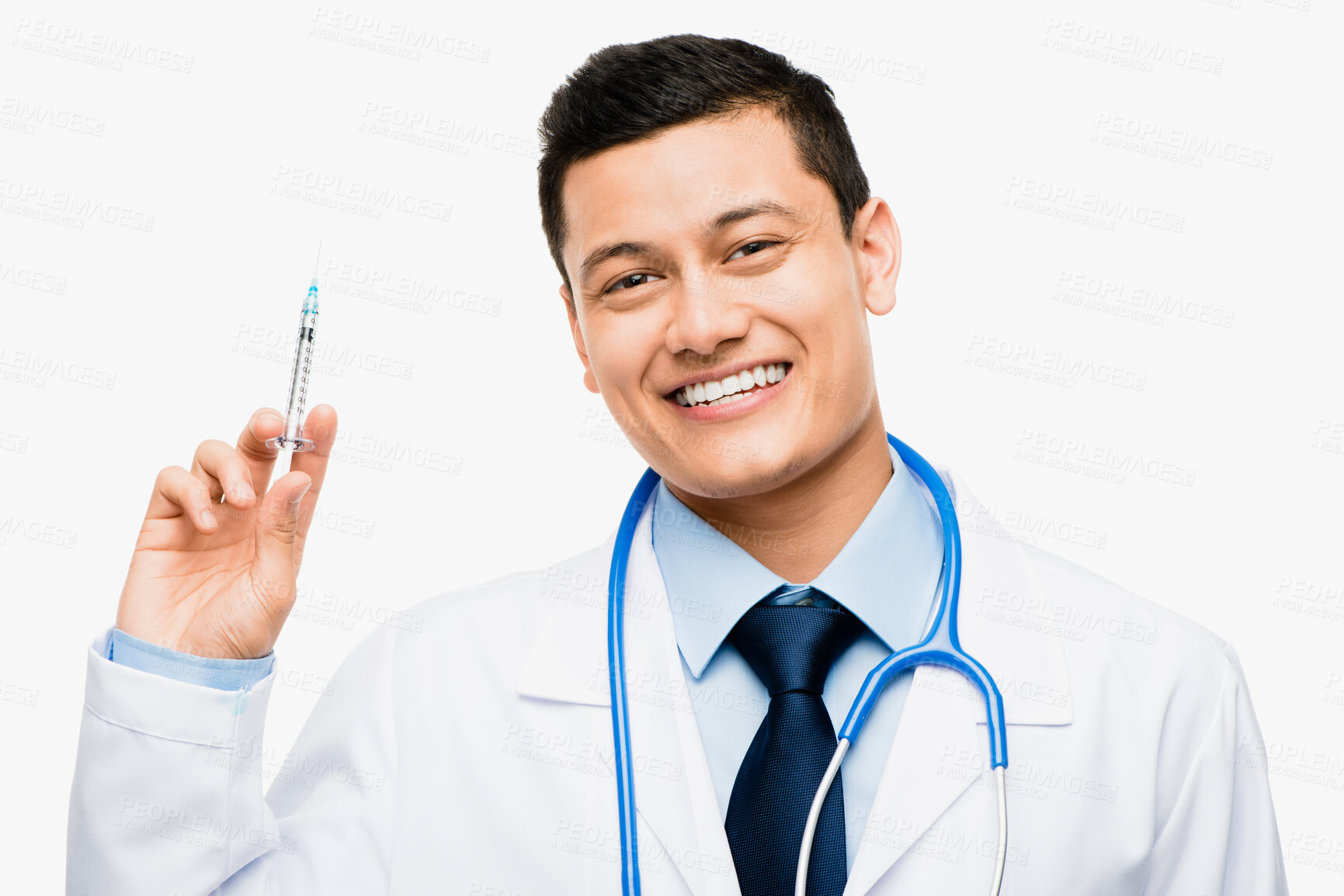 Buy stock photo Doctor, portrait and man with syringe in studio for healthcare, medicine or vaccine on white background. Health, injection and male physician with needle for treatment, pharmaceutical care or cure