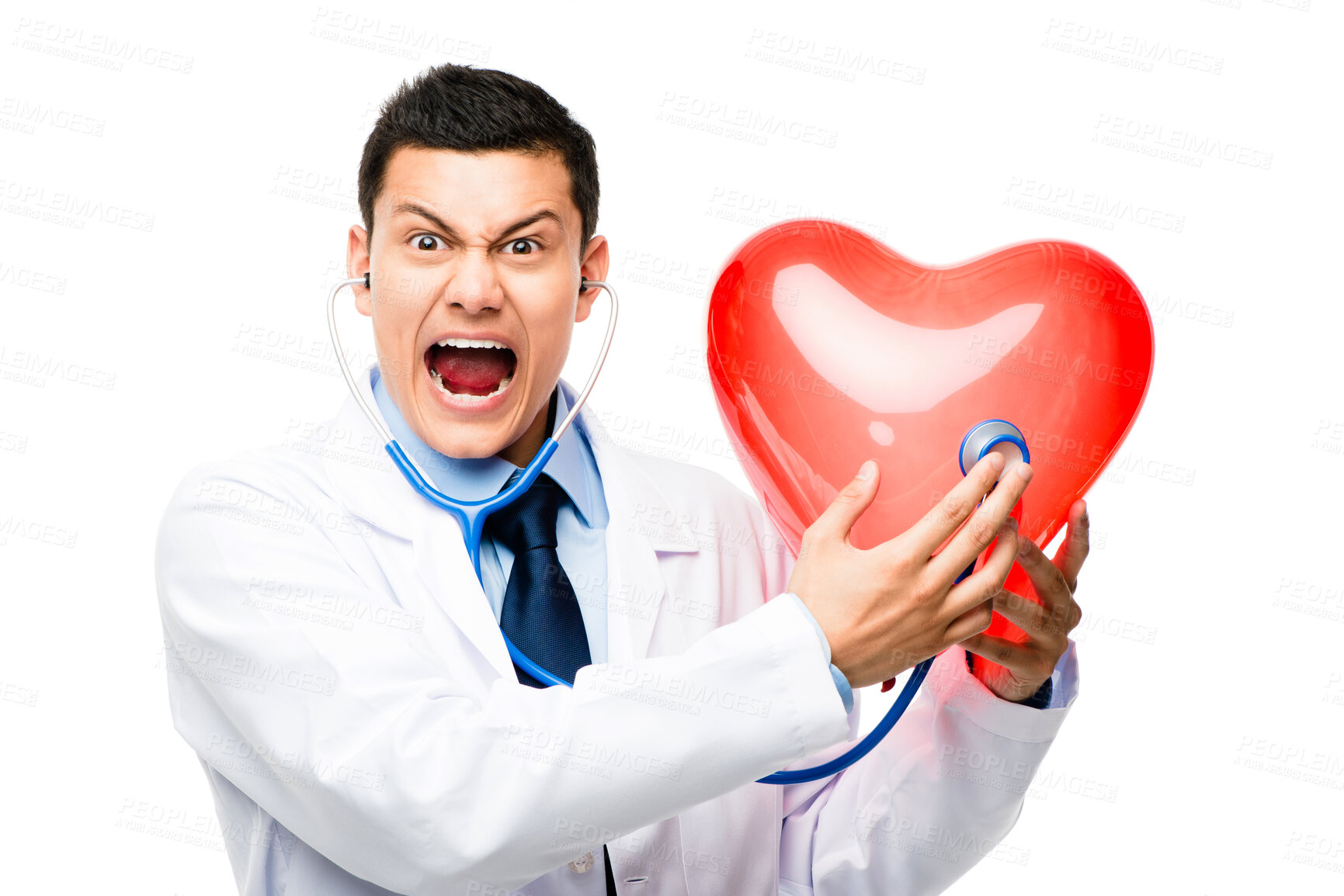 Buy stock photo Man, doctor and stethoscope for heart in studio portrait, cardiologist and scream on white background. Male person, surgeon and evaluation for heartbeat test for healthcare, love balloon and tool