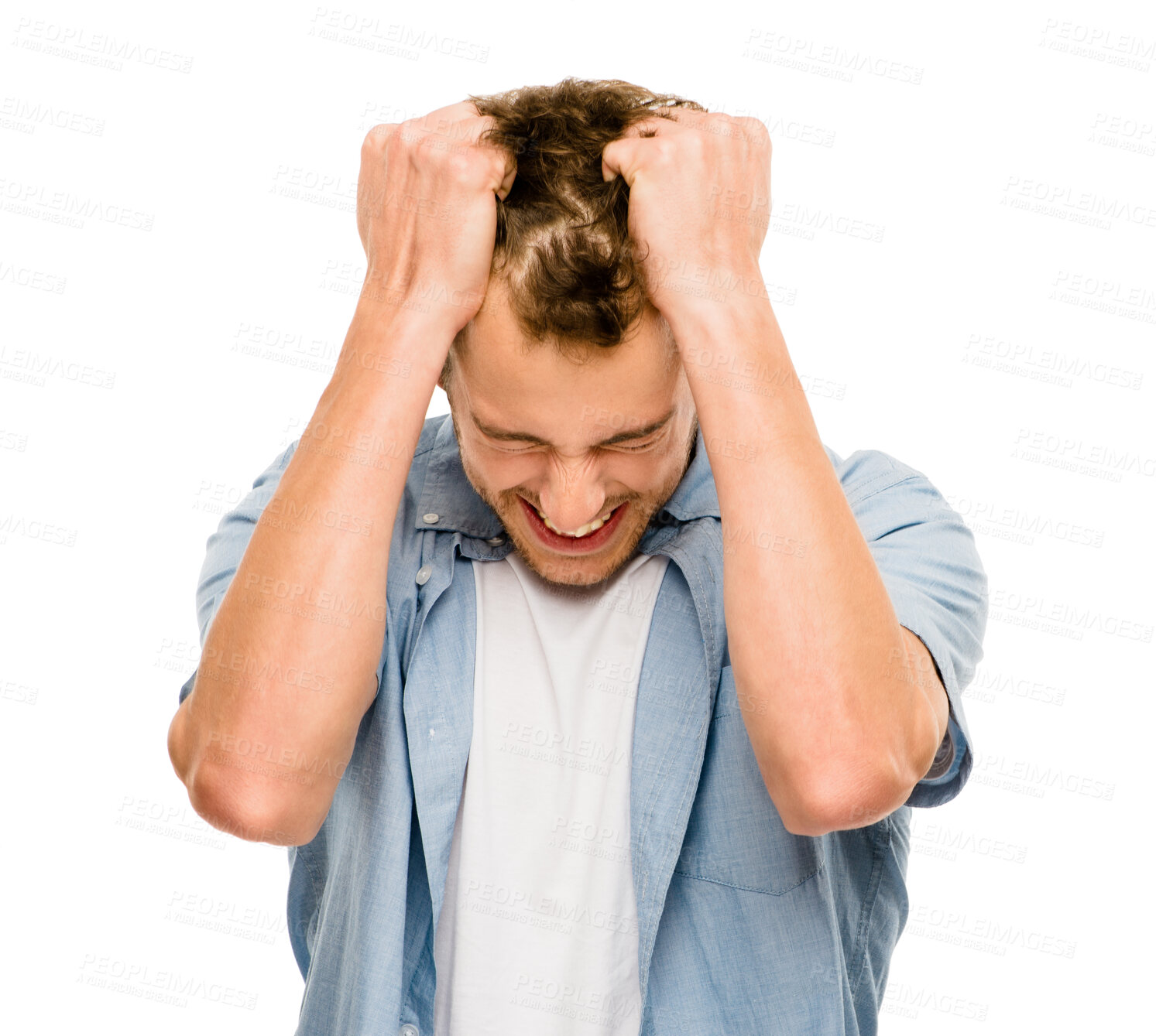 Buy stock photo Frustrated, man and pulling hair in studio for anxiety, mental health and stress of psychology trauma crisis. Male person, scared and panic attack from mistake, fail and fear on white background
