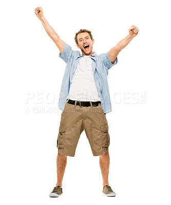 Buy stock photo Young man, studio and happiness for fashion or wellness, celebrate with stretching for cool trend. Male student, portrait or white background with arms up for clothes, excited winner in New York City