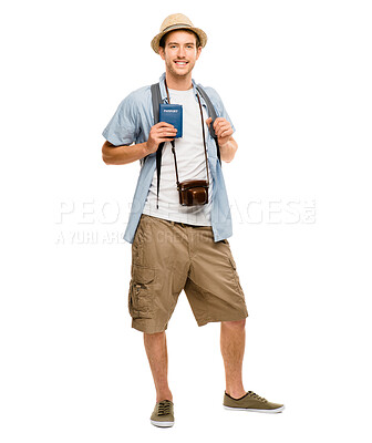 Buy stock photo Man, tourist and happy with camera in studio on white background for traveling and tour. Portrait, confident and smile with passport for holiday or vacation and adventure to relax and memories