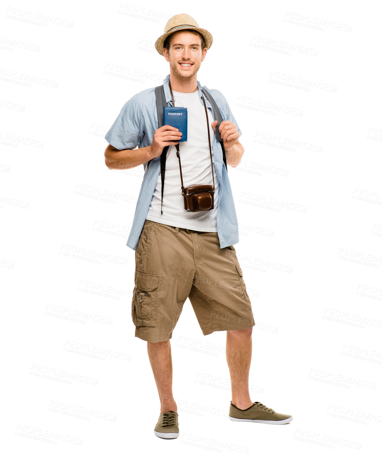 Buy stock photo Man, tourist and happy with camera in studio on white background for traveling and tour. Portrait, confident and smile with passport for holiday or vacation and adventure to relax and memories