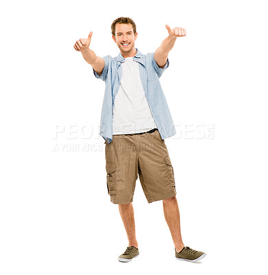 Buy stock photo Young man, studio and thumbs up for fashion or wellness, celebrate with stretching for cool trend. Male student, portrait or white background with hand gesture for clothes, excited in New York City