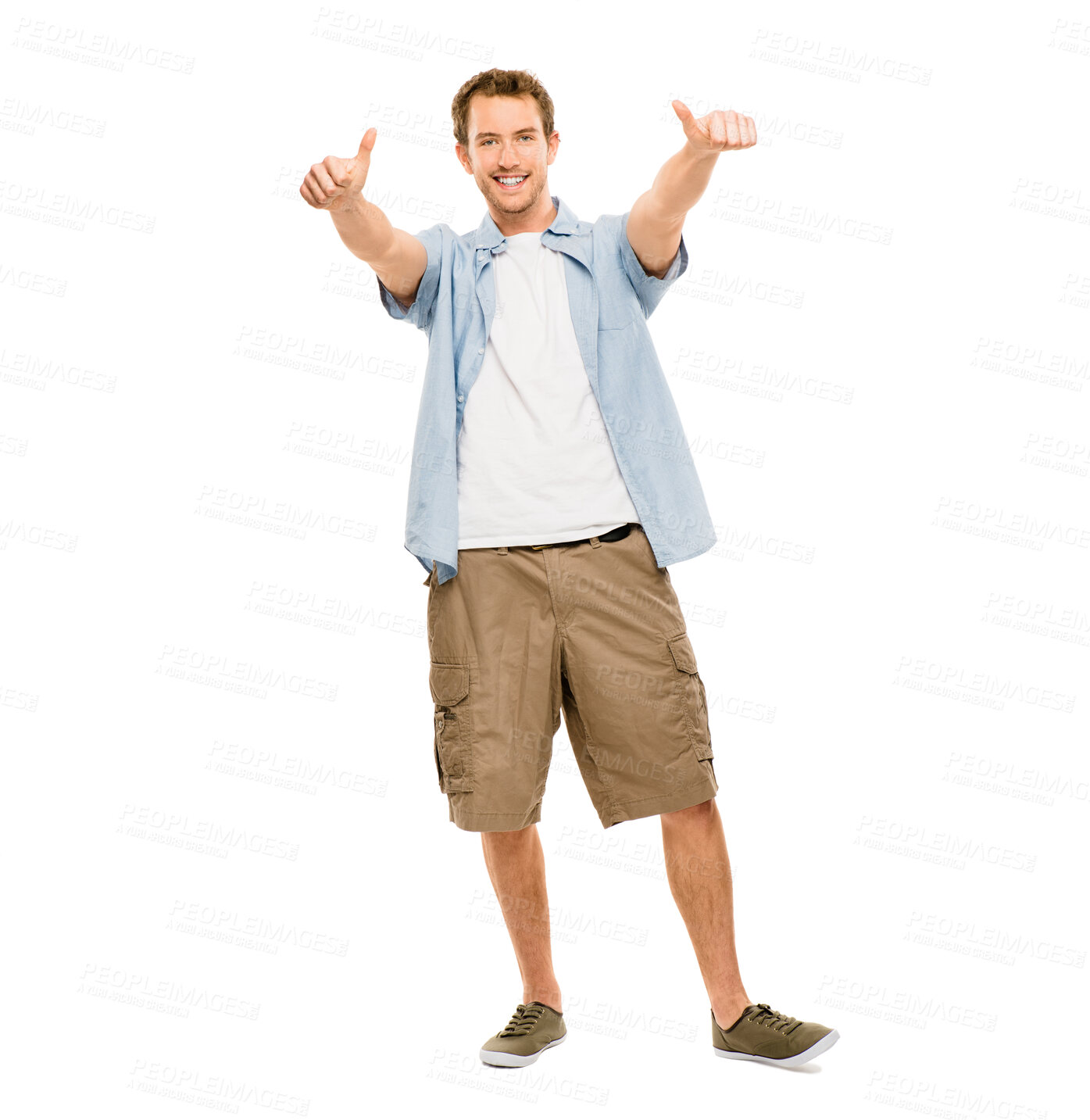 Buy stock photo Young man, studio and thumbs up for fashion or wellness, celebrate with stretching for cool trend. Male student, portrait or white background with hand gesture for clothes, excited in New York City