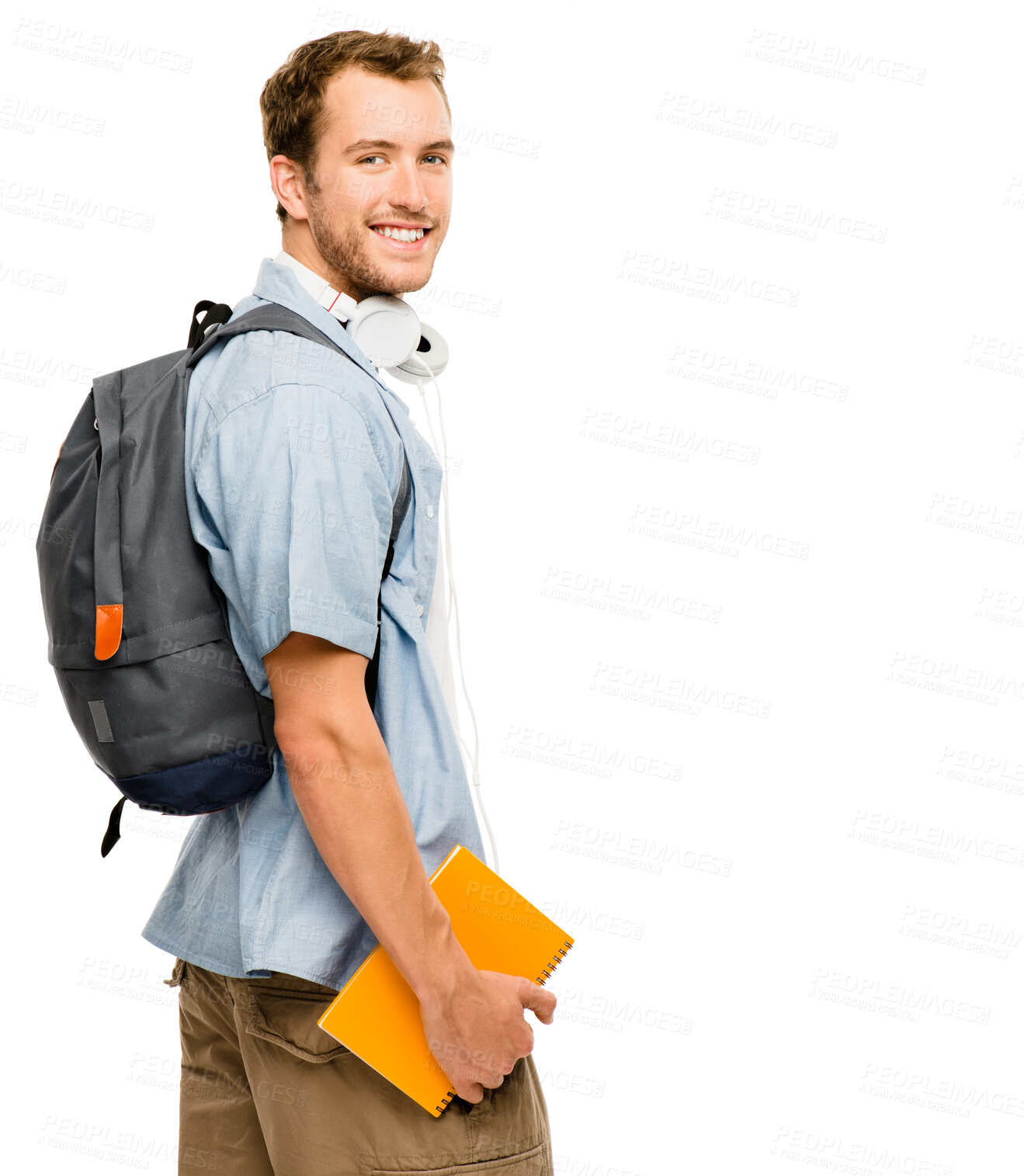 Buy stock photo Student, man and portrait or happy in studio, smiling and university learner with backpack or mock up. Headphones, notebook and education or knowledge, white background and scholarship or male person