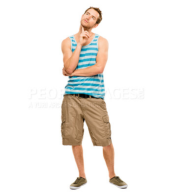 Buy stock photo Man, thinking and summer fashion idea in studio, vision and hand gesture for vacation plan with trendy style in shorts. White background and mock up, holiday and model or Canadian male person