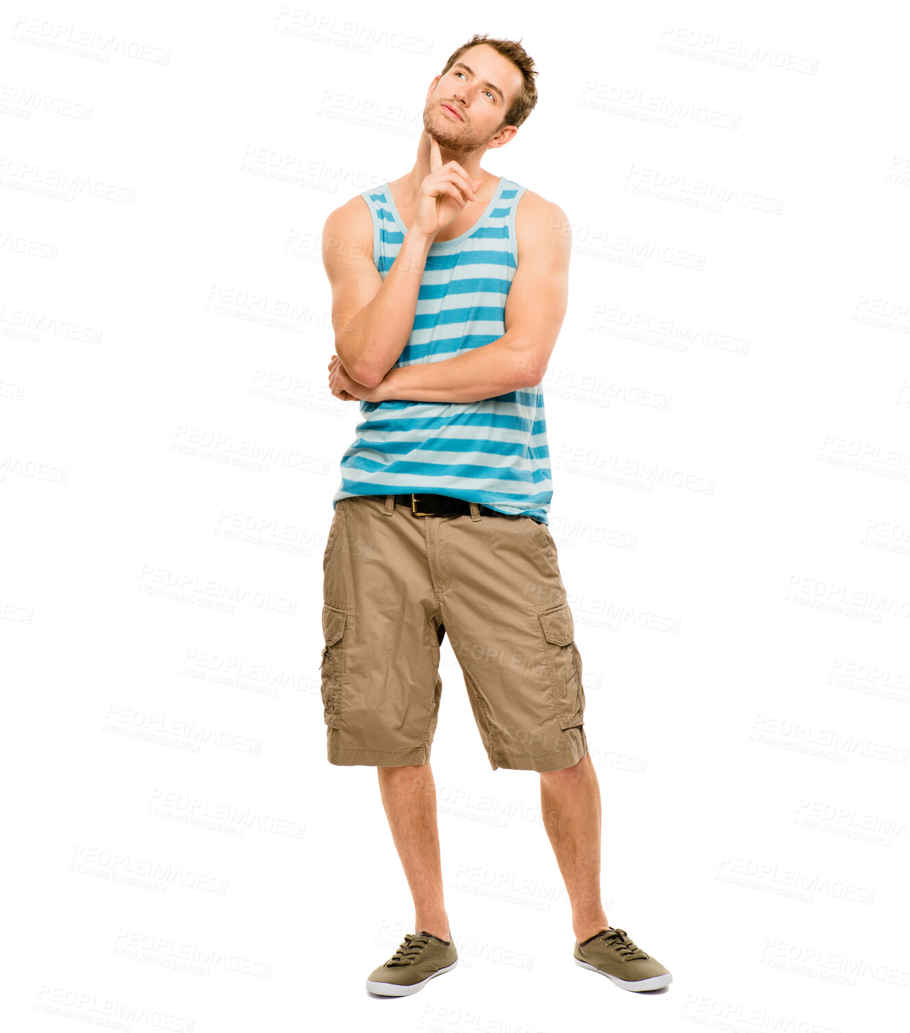 Buy stock photo Man, thinking and summer fashion idea in studio, vision and hand gesture for vacation plan with trendy style in shorts. White background and mock up, holiday and model or Canadian male person