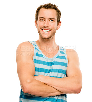 Buy stock photo Man, portrait and arms crossed in studio for fitness with confidence for workout, exercise or training. Bodybuilder, athlete or happy mockup with muscles, healthy body or wellness on white background