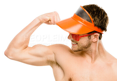 Buy stock photo Man, bodybuilder and muscle flex in studio for wellness, strength and exercise or workout results. Male employee, hat and glasses for cool fashion, isolated and white background with arm biceps.