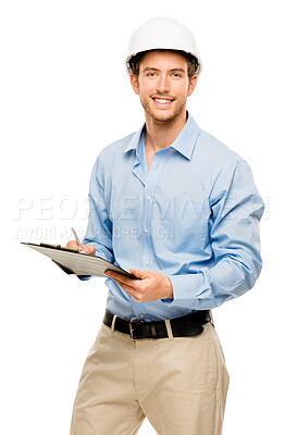 Buy stock photo Man, happy and architect with clipboard in studio on white background with pride as supervisor. Construction, employee ands smile on portrait as engineer with documents or paperwork for inspection