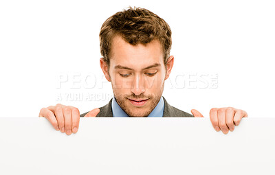 Buy stock photo Business, man and poster for mockup in studio on white background for promotion. Advertising, marketing and sign board or placard for presentation with instructions, information and guidelines