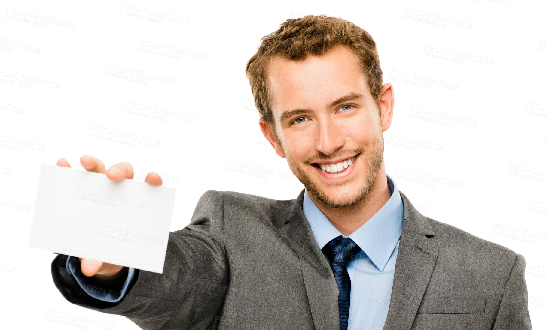 Buy stock photo Businessman, portrait and card with mock up in studio for contact information, advertising and board for news. Male person, isolated and white background with placard for message, happy and promotion