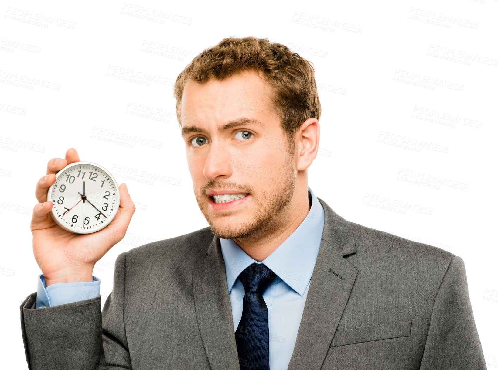 Buy stock photo Portrait, clock and businessman in studio with stress for time management, worry and late for appointment. Male person, watch and corporate employee with anxiety for work deadline by white background