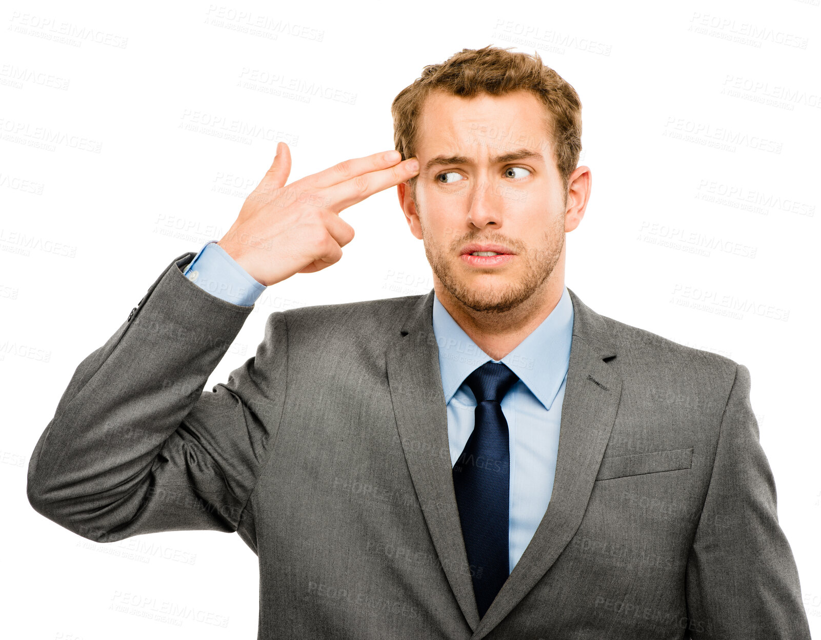 Buy stock photo Stress, man and hand for gun in studio burnout fatigue, anxiety and depression on mistake failure of business deal. Scared, male person and shooting sign for pressure, crisis or white background