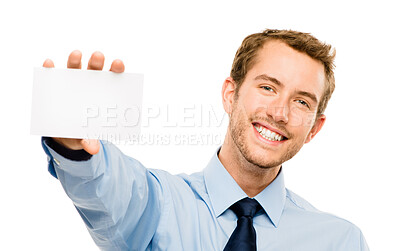 Buy stock photo Businessman, portrait and card with mockup in studio for business information, advertising and board for news. Male person, isolated and white background with placard for message, happy and promotion