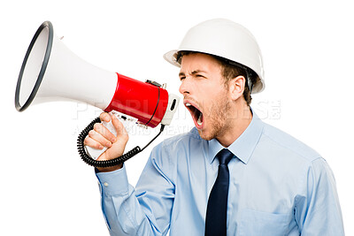 Buy stock photo Man, construction worker and megaphone with shouting in studio, angry and announcement by white background. Person, contractor or architect with bullhorn for renovation, project or information at job