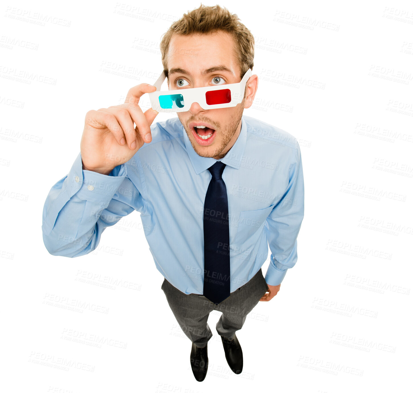 Buy stock photo Business, man and shocked with 3D glasses for film in production, movie premiere and red or blue lens in studio. Media professional, surprised and wow face with anaglyph motion on white background