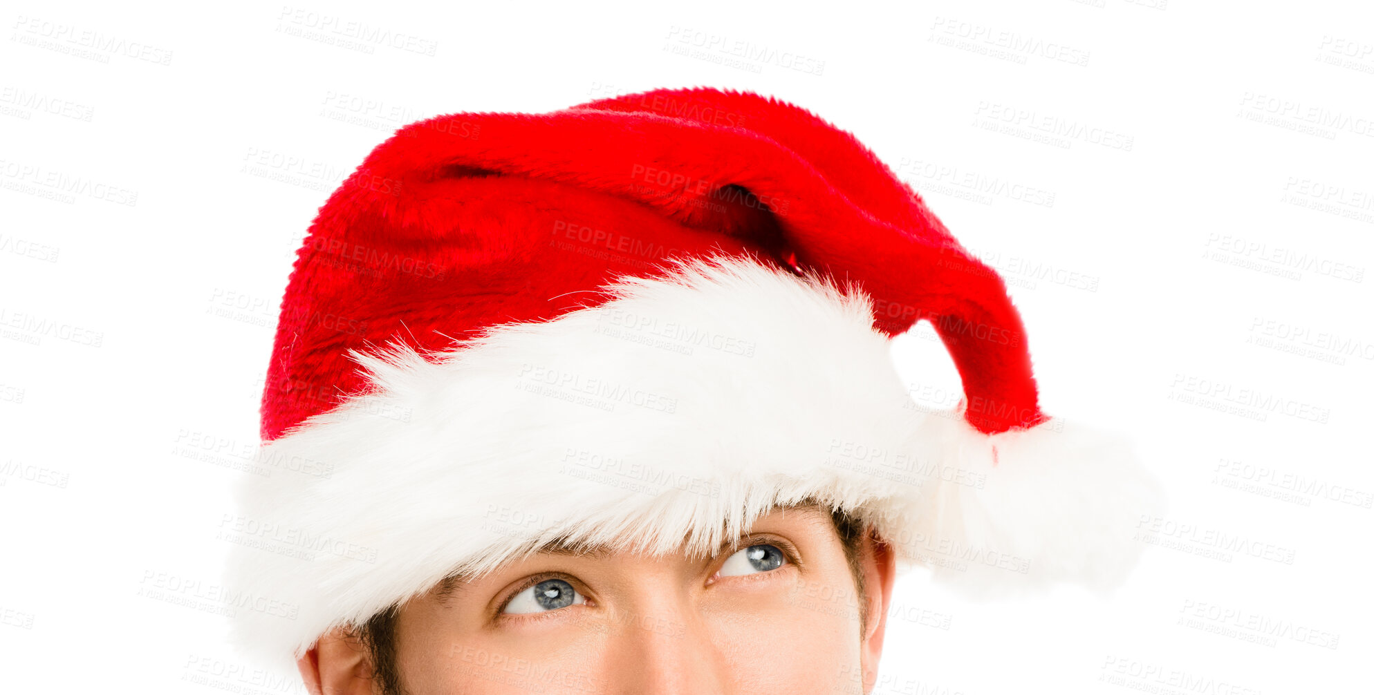 Buy stock photo Man, santa hat and eyes in studio with thinking for festive holiday, ideas and xmas by white background. Person, memory and red cap for Christmas, party and event with culture, tradition and vision