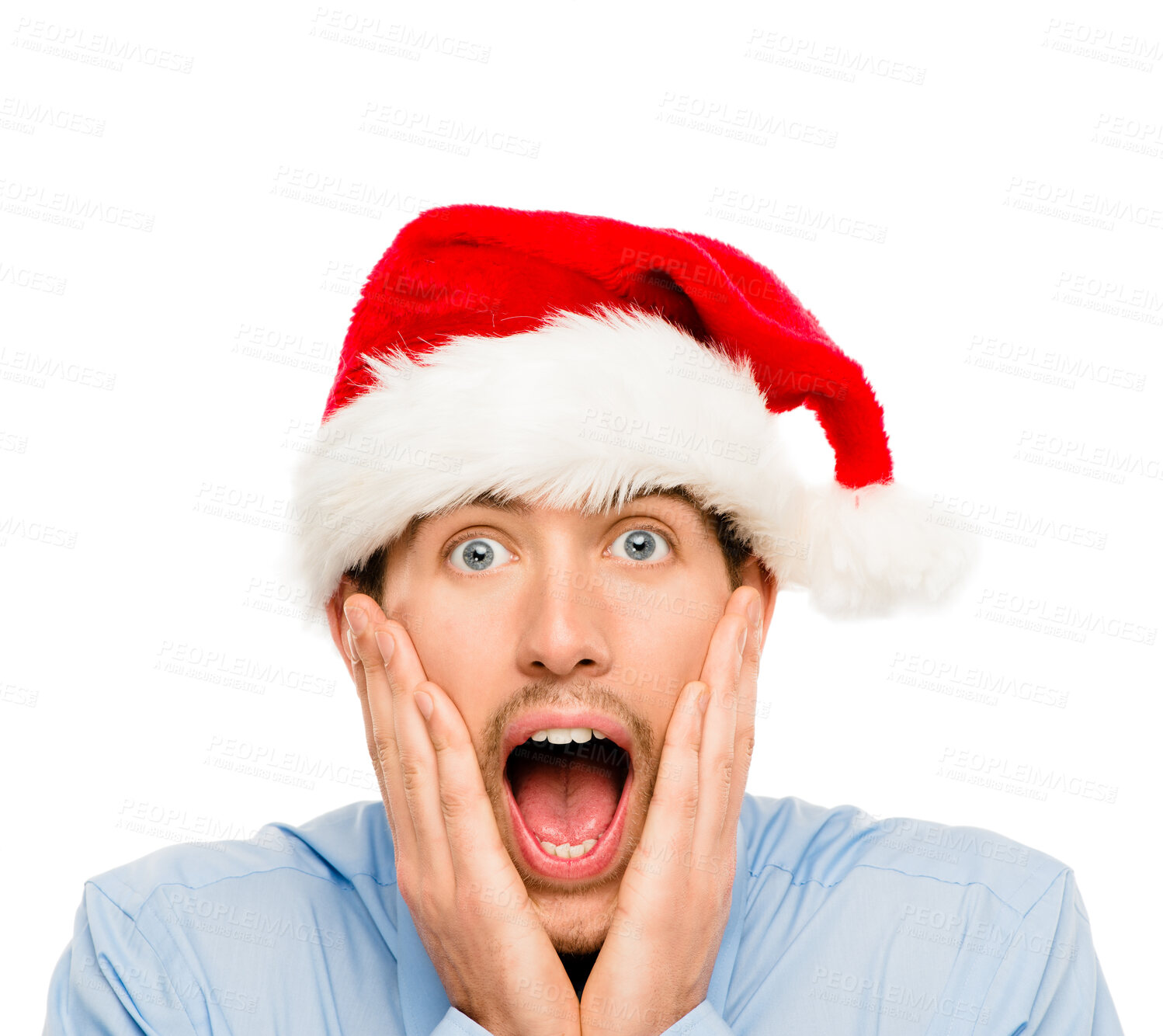 Buy stock photo Business man, santa hat and wow in studio portrait for festive holiday, deal and xmas by white background. Person, shock and cap for Christmas, party or event for culture, tradition or excited at job