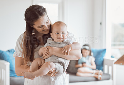 Buy stock photo Home, family and mother with baby, love and happiness in living room, comfort and care. Infant, apartment and single parent with kid, children and cheerful with joy, support and kindness in lounge