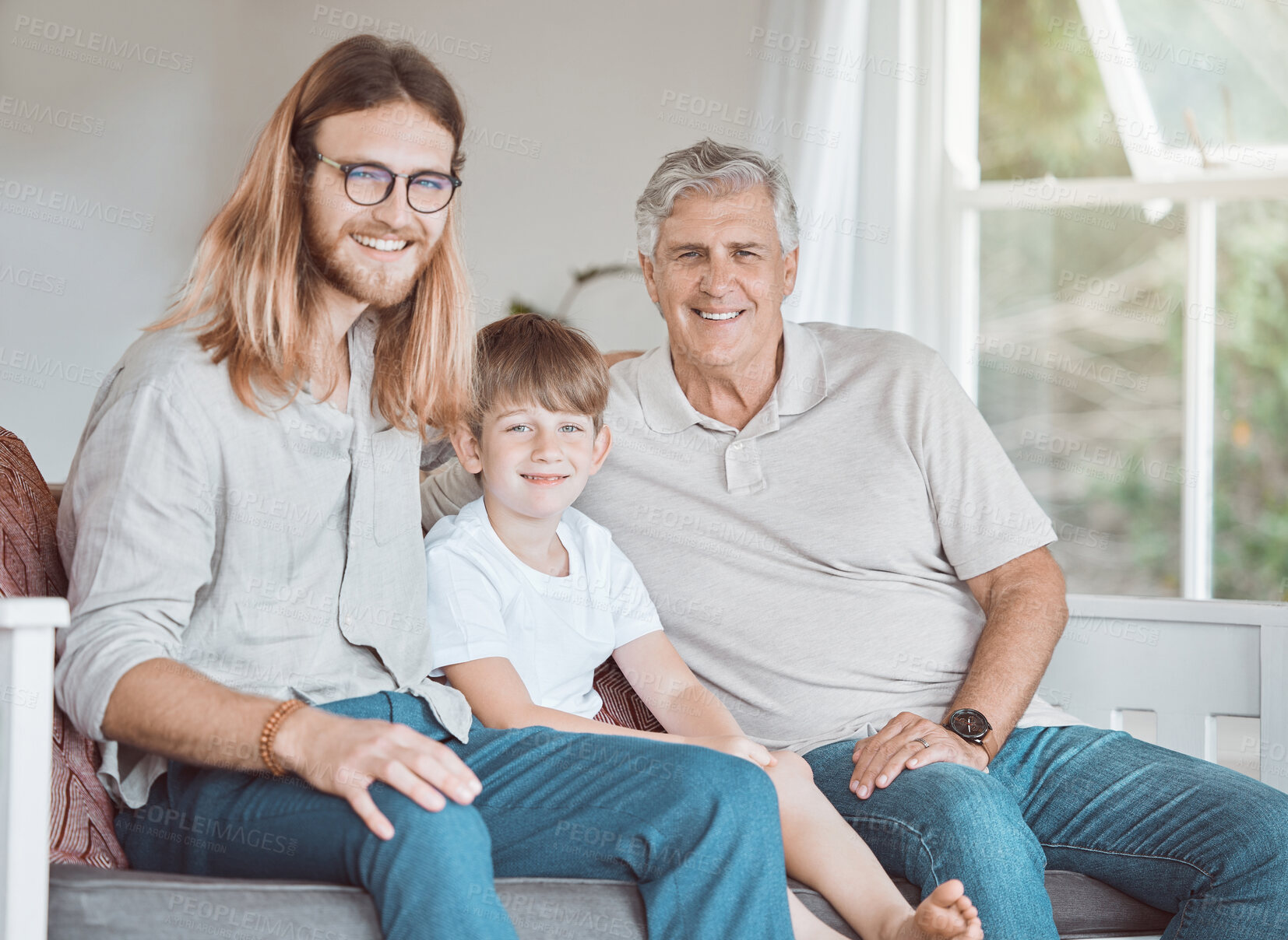 Buy stock photo Father, grandfather and child with portrait on sofa in home with embrace, bonding and weekend visit with smile. Happy family, men and boy kid on couch with relax, support and caring in living room