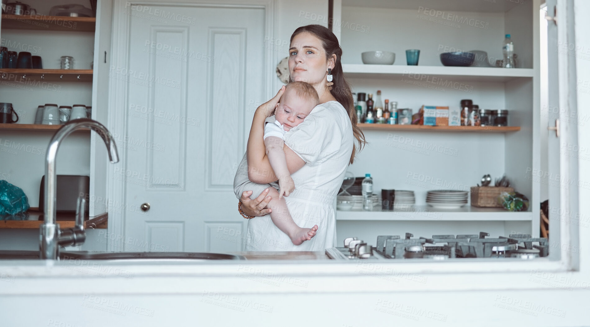 Buy stock photo Mom, thinking or carrying baby in home or family house to relax with wellness, support or care together. Hug, holding and newborn with parent, woman or mother for bonding, trust or love by window