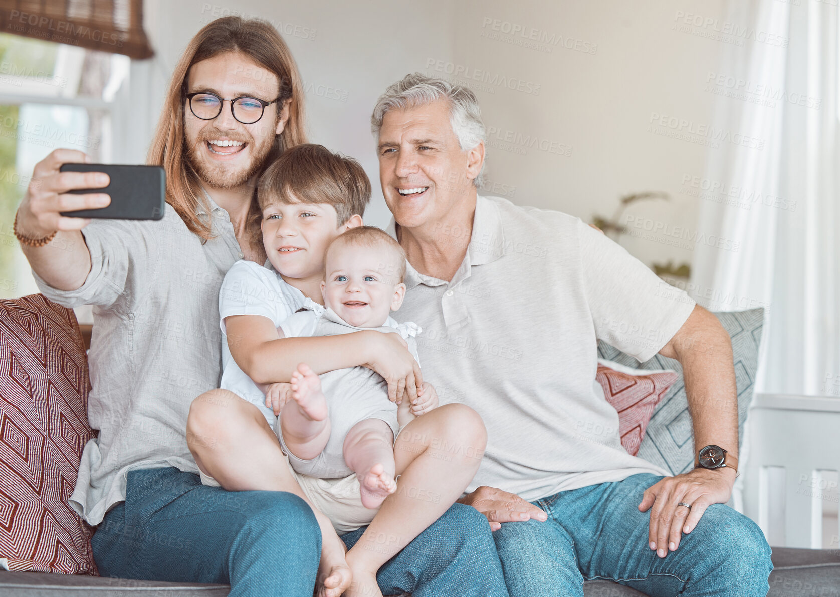 Buy stock photo Father, son and kids in selfie with generations relax on sofa for bonding, love and memory together. Grandfather, dad and children on couch with digital photography, happy family and smile in home