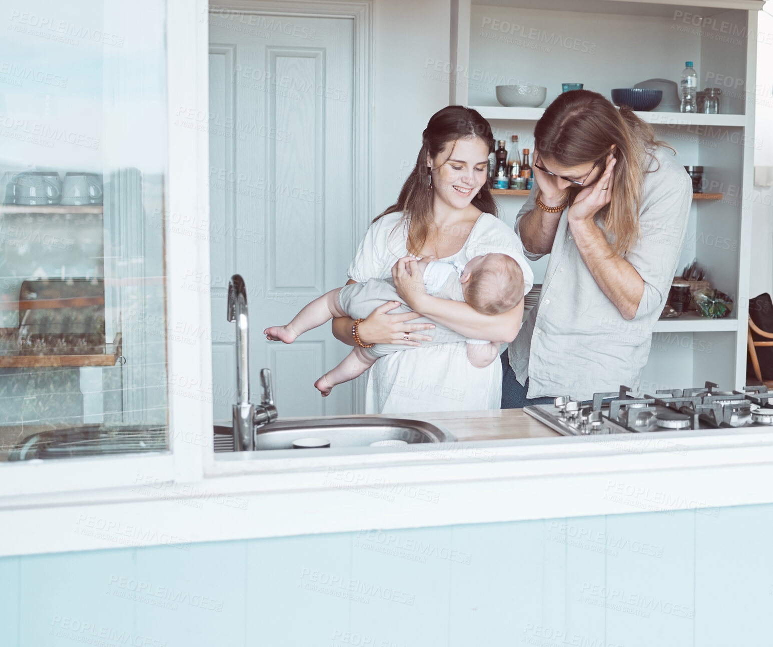 Buy stock photo Bonding, family and baby in home, kitchen and together with child, relax and parents with love and care. House, man and woman with toddler, joy and break in weekend, fun and mom with father of boy