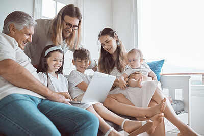 Buy stock photo Laptop, kids and happy family in home with parents for relax, game or learning with grandfather. Siblings, mother and dad on computer with baby for streaming service or watch movie with generations