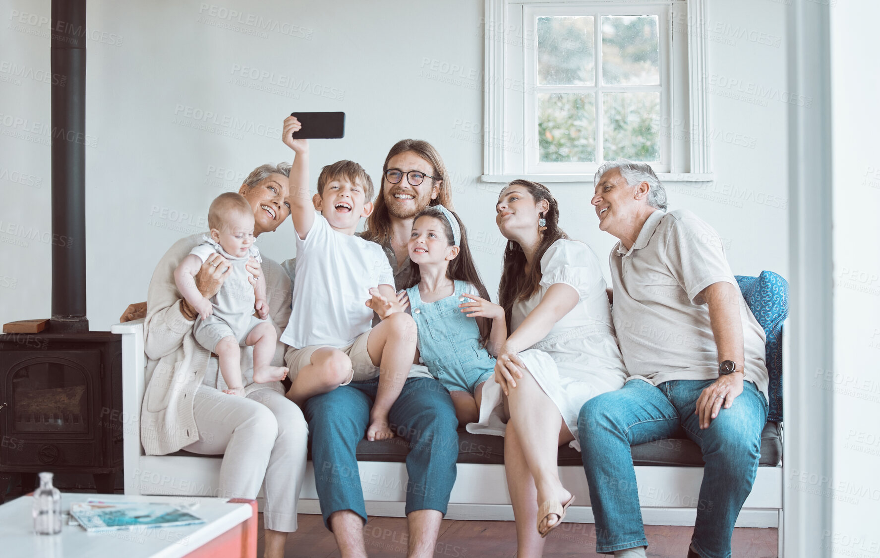 Buy stock photo Selfie, photo and big family in home with smile or care together with happy memory for social media. Senior grandparents, mom and dad in picture with children siblings for bonding, support and love 