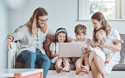 Buy stock photo Laptop, children and happy family relax with parents in home for game, education or learning. Siblings, mother and father on computer in lounge with baby for streaming service or watch movie together