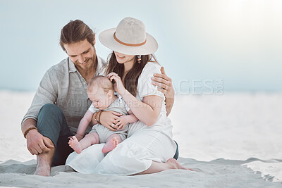 Buy stock photo Parents, baby and relax with smile at beach, sunshine and hug on ground for play, care and vacation. Mother, father and infant boy on sand with connection, love and outdoor with holiday in Italy