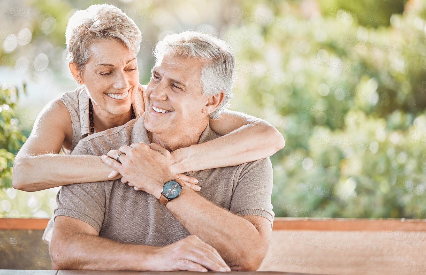 Buy stock photo Hug, garden and happy senior couple for bonding, relationship and relaxing together. Retirement, backyard and man and woman embrace for affection, love and trust for commitment, marriage or care